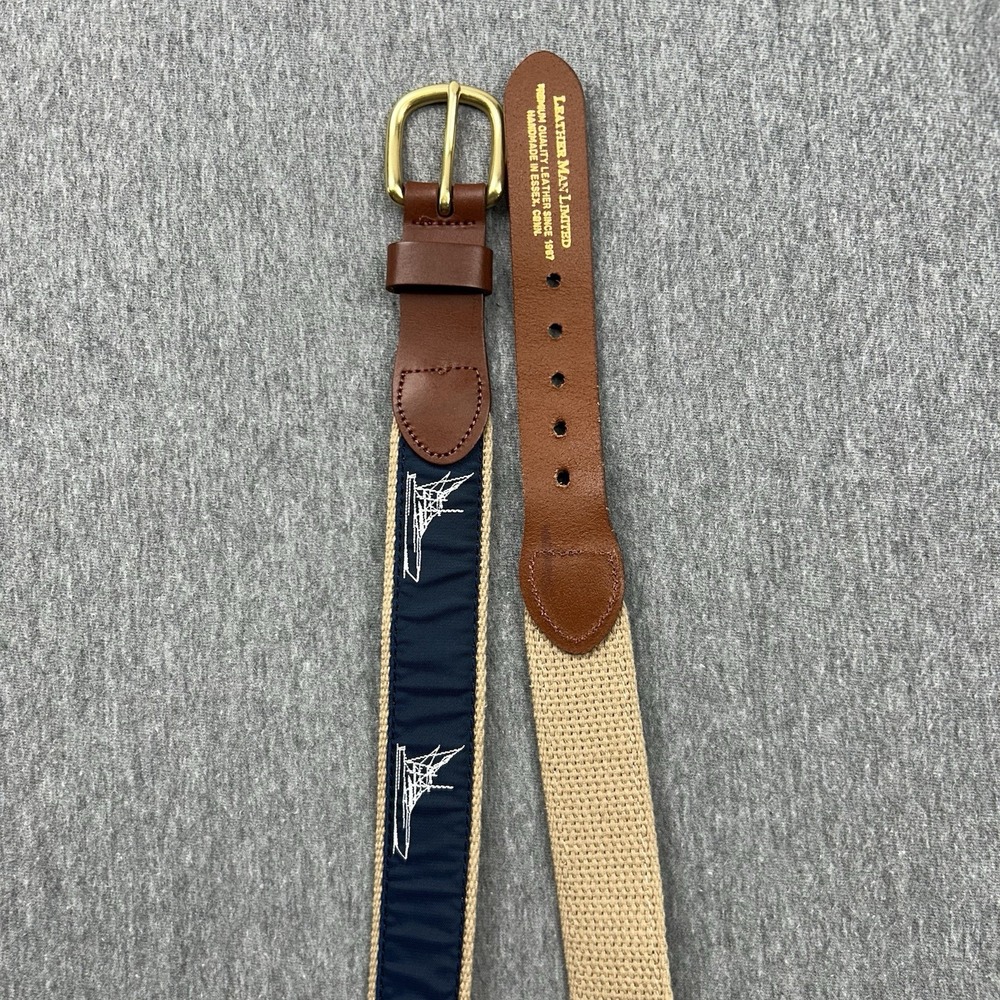 Leather Man LTD Canvas Belt‎ Blue Tan Nautical Ship Boat Mens 34 Brass Buckle
